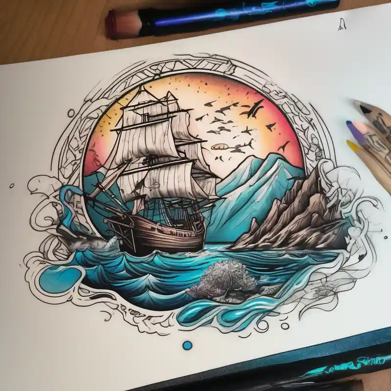 tattoo that has an acacia tree with mountains, ocean with a ship wreck with sharks and the bright northern star half sleeve